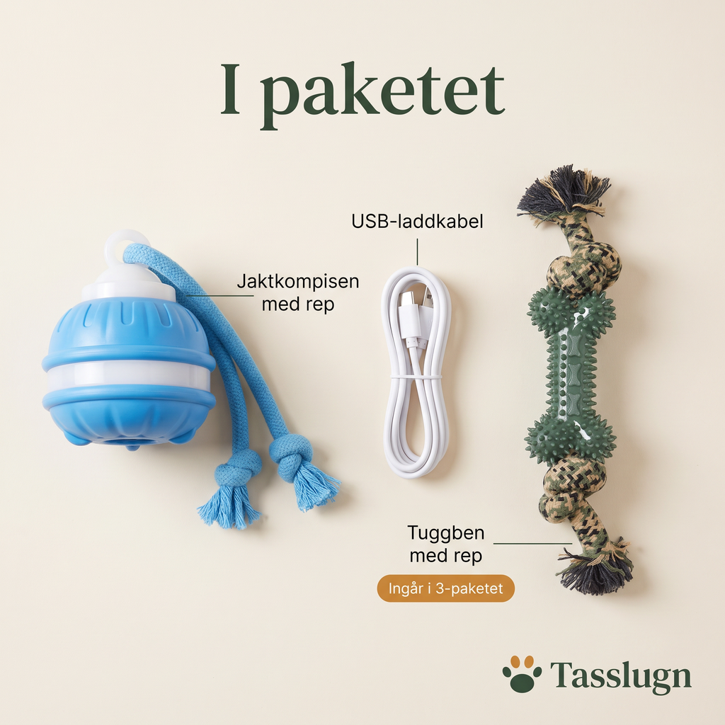 I paketet: Jaktkompisen med rep, USB-laddkabel och tuggben med rep i 3-paketet
