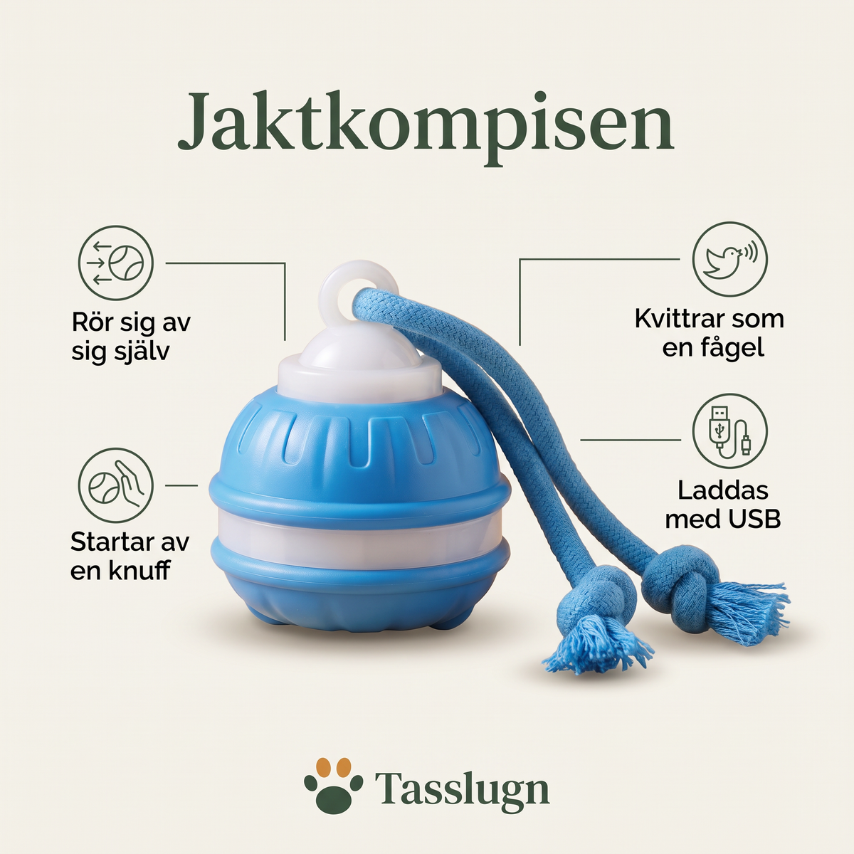 Jaktkompisen rör sig av sig själv, startar av en knuff, kvittrar som en fågel och laddas med USB