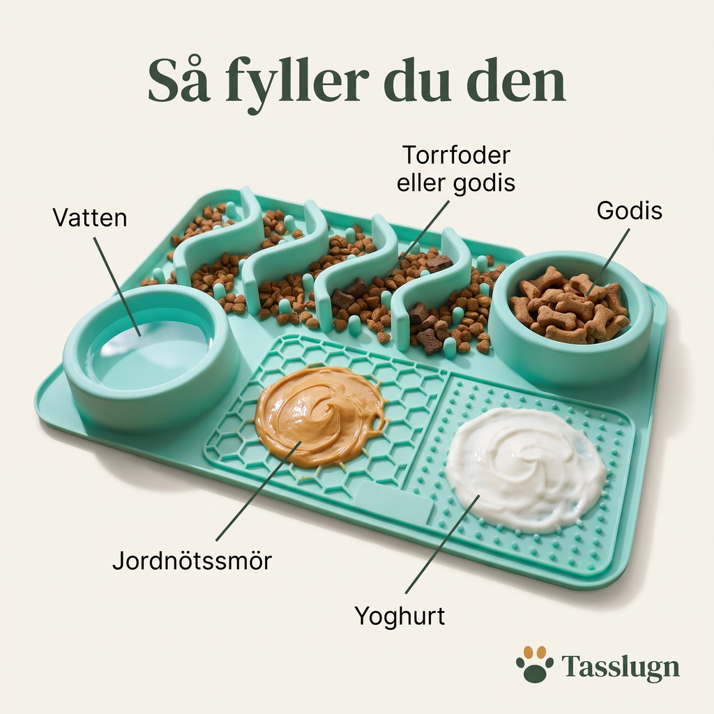 Så fyller du Måltidsstationen: vatten, godis, torrfoder, jordnötssmör och yoghurt