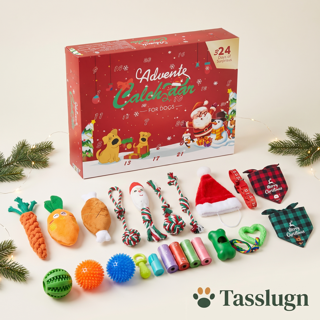 Adventskalender för hund – röd julklappslåda med leksaker, bandanas och tomteluva