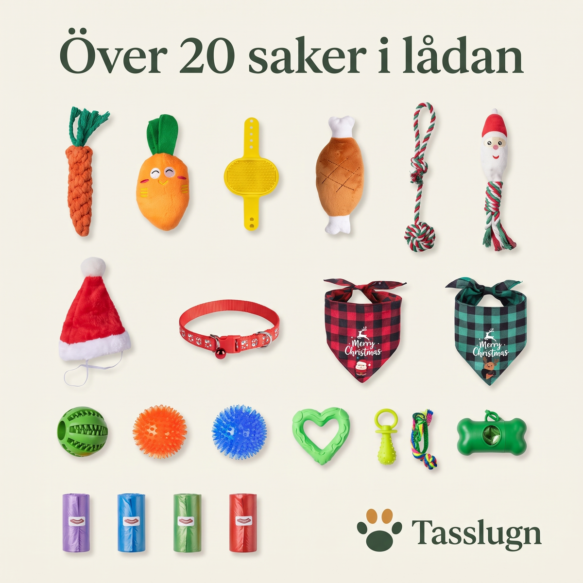 Över 20 saker i lådan: leksaker, bollar, bandanas, tomteluva, halsband och bajspåshållare