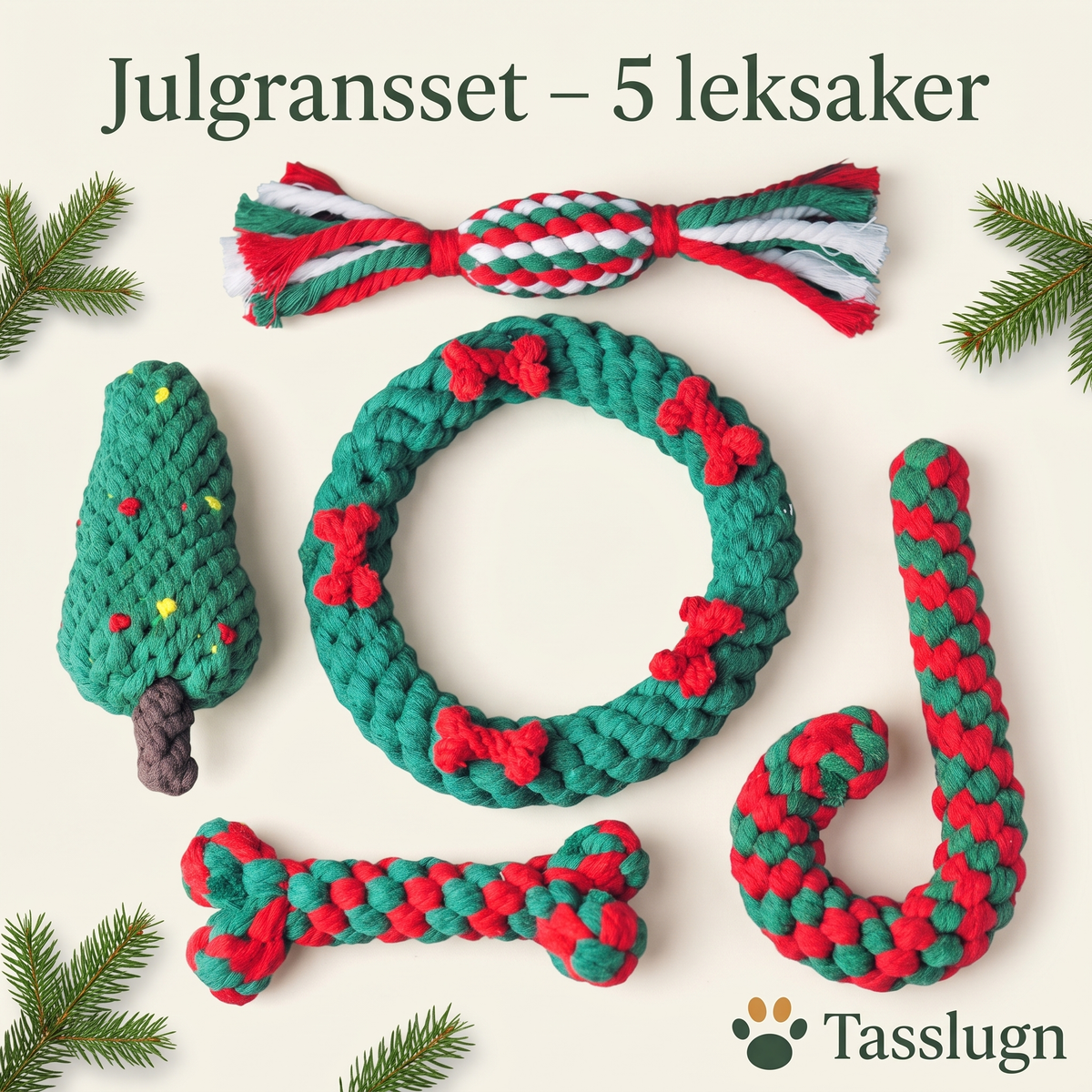Julgransset med 5 repleksaker för hund: julgran, julkrans, polkagriskäpp, ben och karamell