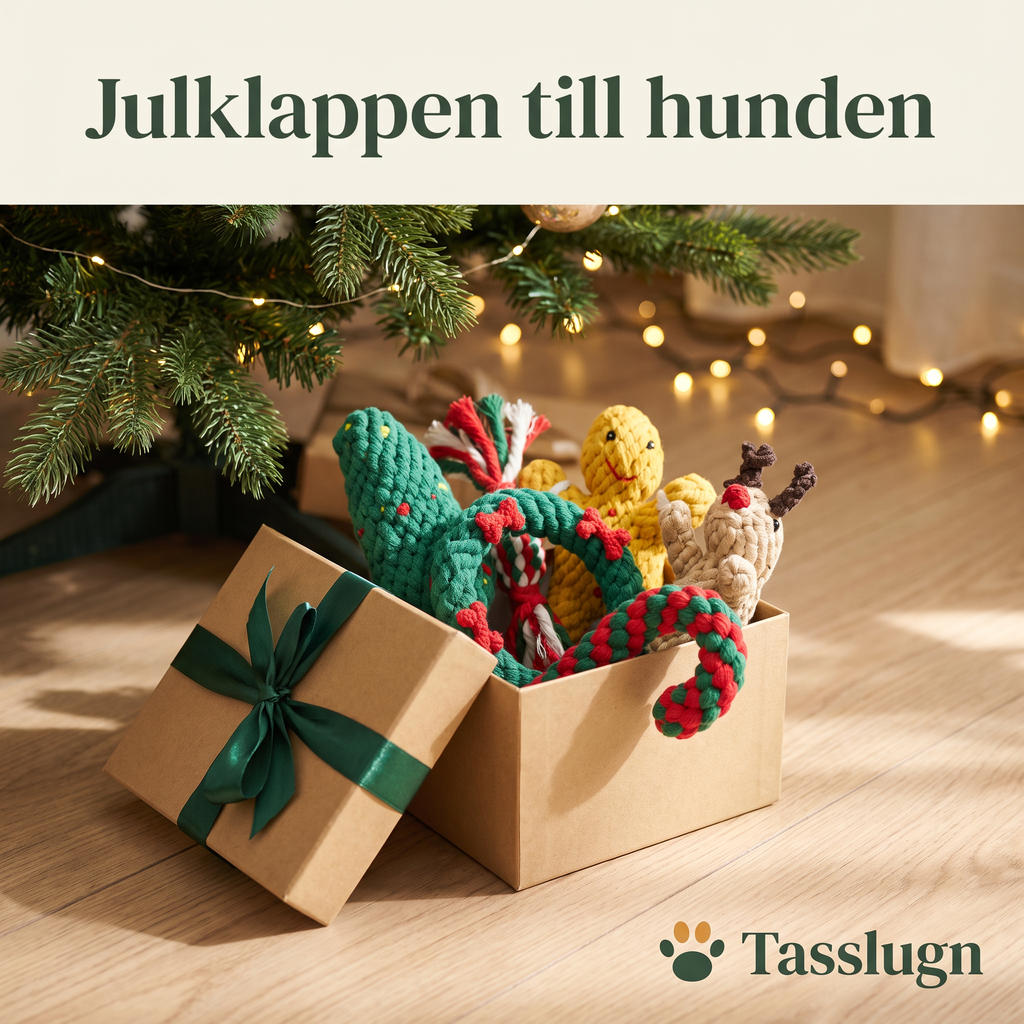 Julklappen till hunden – repleksaker i en presentkartong under granen